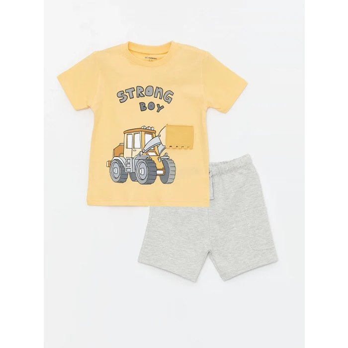LCW Kids Turuncu Bisiklet Yaka Kısa Kollu Baskılı Erkek Bebek Tişört ve Şort 2li Takım