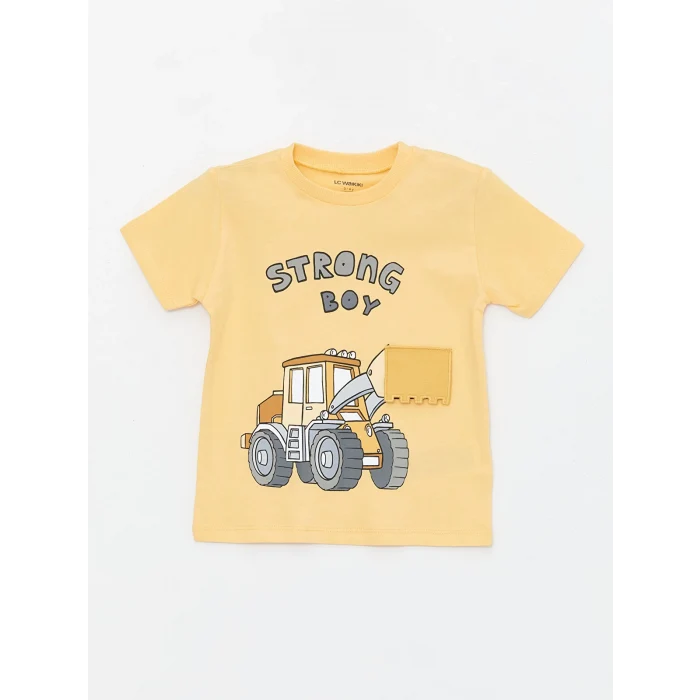 LCW Kids Turuncu Bisiklet Yaka Kısa Kollu Baskılı Erkek Bebek Tişört ve Şort 2li Takım