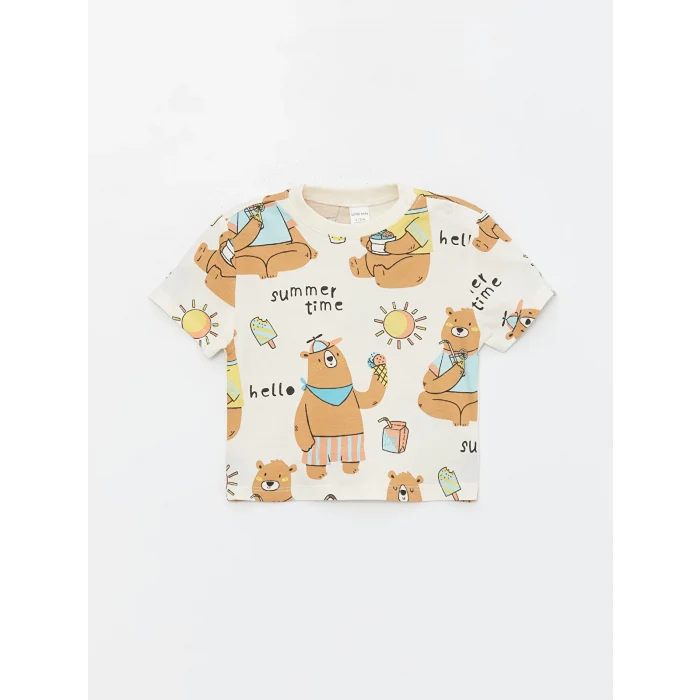 LCW baby Ekru Bisiklet Yaka Kısa Kollu Baskılı Erkek Bebek Tişört ve Eşofman Alt 2li Takım