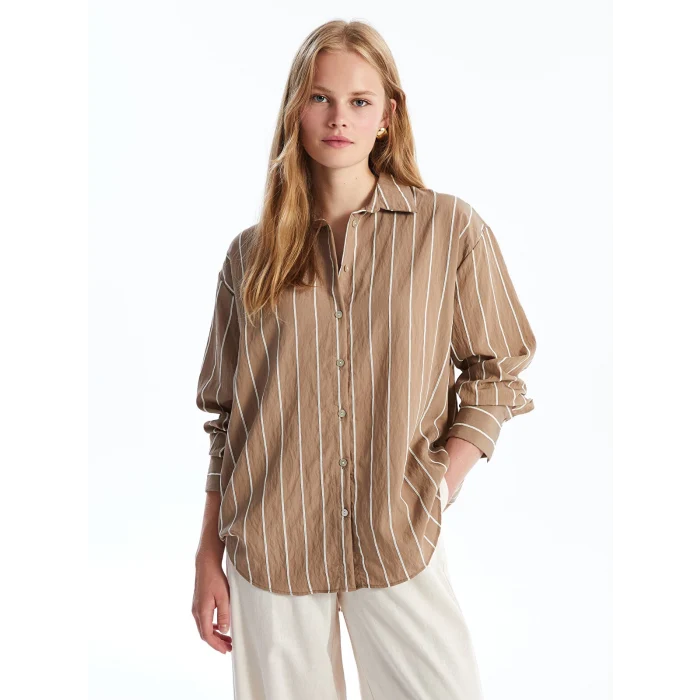LCW Vision Kahverengi Çizgili Uzun Kollu Oversize Kadın Gömlek