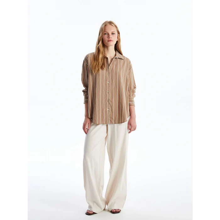 LCW Vision Kahverengi Çizgili Uzun Kollu Oversize Kadın Gömlek