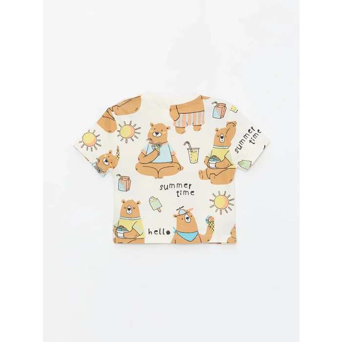 LCW baby Ekru Bisiklet Yaka Kısa Kollu Baskılı Erkek Bebek Tişört ve Eşofman Alt 2li Takım