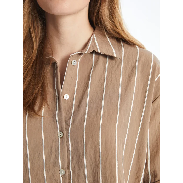 LCW Vision Kahverengi Çizgili Uzun Kollu Oversize Kadın Gömlek