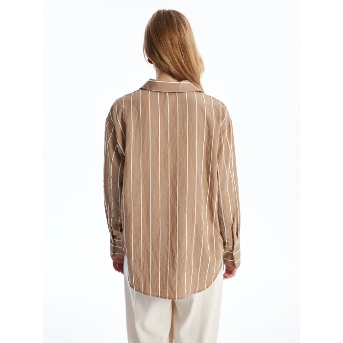 LCW Vision Kahverengi Çizgili Uzun Kollu Oversize Kadın Gömlek