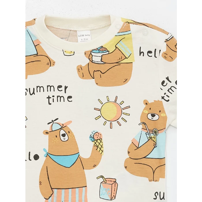 LCW baby Ekru Bisiklet Yaka Kısa Kollu Baskılı Erkek Bebek Tişört ve Eşofman Alt 2li Takım