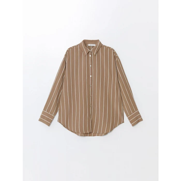 LCW Vision Kahverengi Çizgili Uzun Kollu Oversize Kadın Gömlek