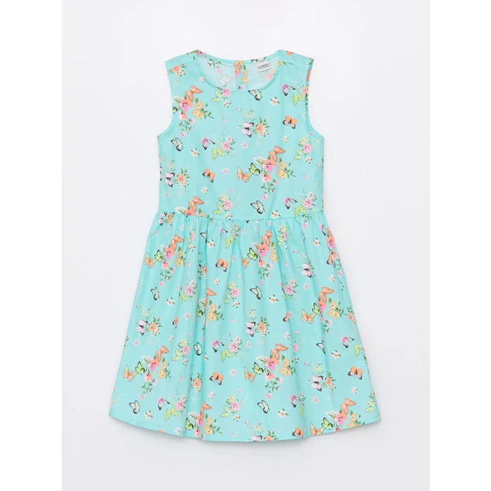 LCW Kids Turkuaz Bisiklet Yaka Desenli Kız Çocuk Elbise