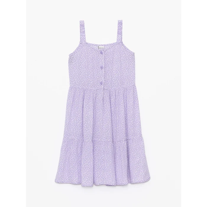 LCW Kids Lila Kare Yaka Çiçekli Kız Çocuk Elbise