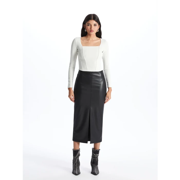 LCW Vision Bej Kare Yaka Düz Uzun Kollu Ottoman Kadın Bluz