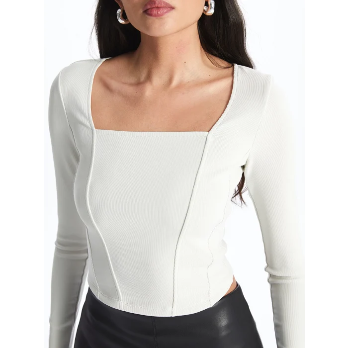 LCW Vision Bej Kare Yaka Düz Uzun Kollu Ottoman Kadın Bluz