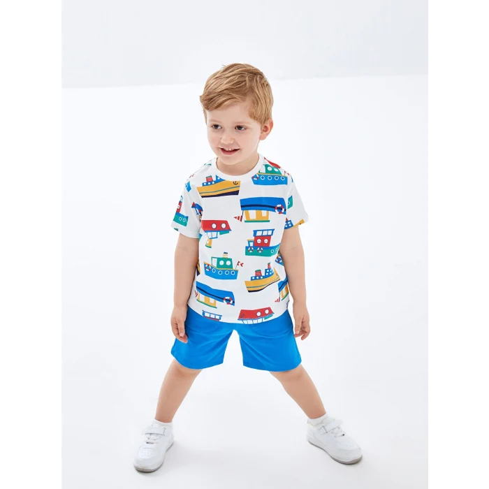 LCW Kids Ekru Bisiklet Yaka Kısa Kollu Baskılı Erkek Bebek Tişört ve Şort 2li Takım
