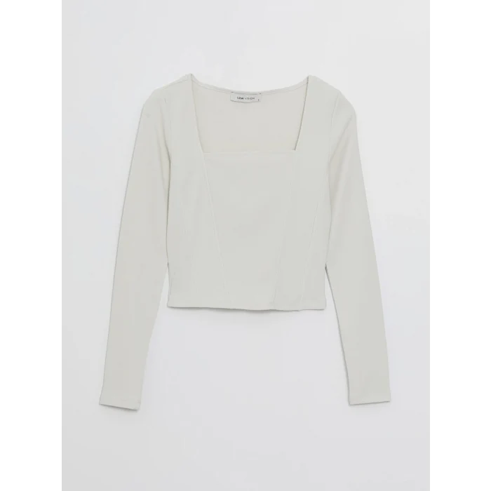 LCW Vision Bej Kare Yaka Düz Uzun Kollu Ottoman Kadın Bluz