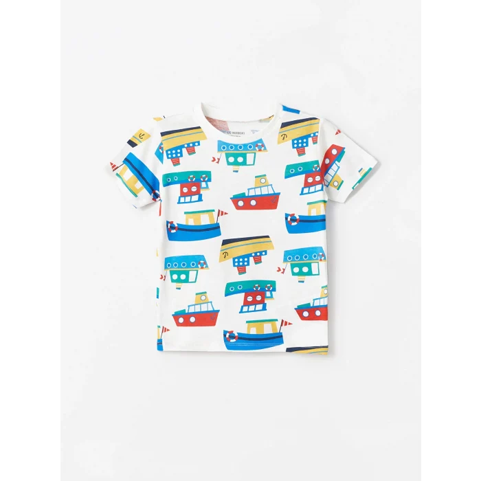 LCW Kids Ekru Bisiklet Yaka Kısa Kollu Baskılı Erkek Bebek Tişört ve Şort 2li Takım