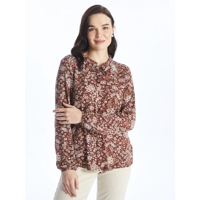 LCW Grace Kahverengi Bağlamalı Yaka Desenli Uzun Kollu Kadın Bluz