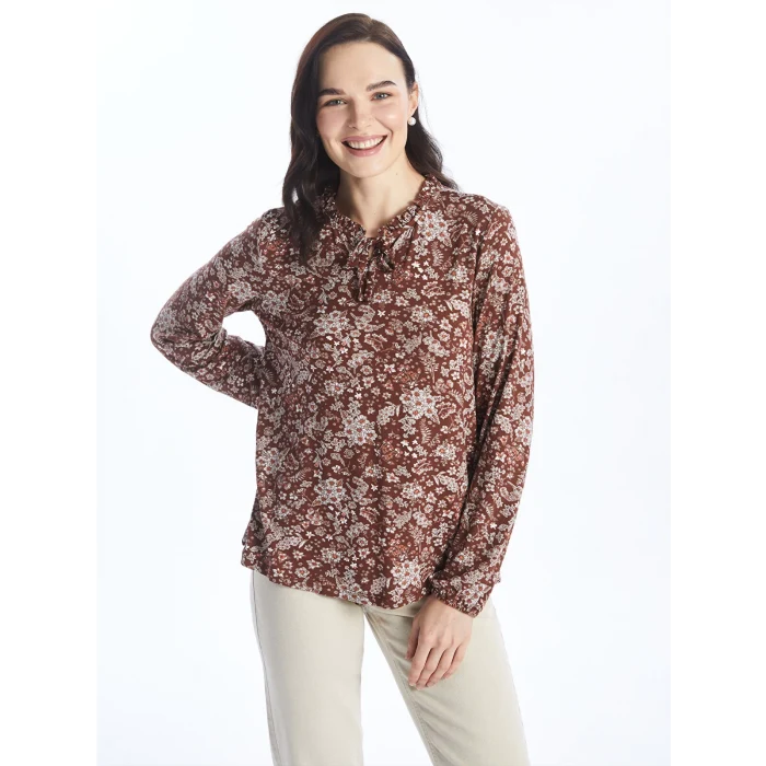 LCW Grace Kahverengi Bağlamalı Yaka Desenli Uzun Kollu Kadın Bluz