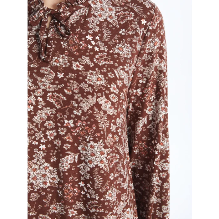 LCW Grace Kahverengi Bağlamalı Yaka Desenli Uzun Kollu Kadın Bluz