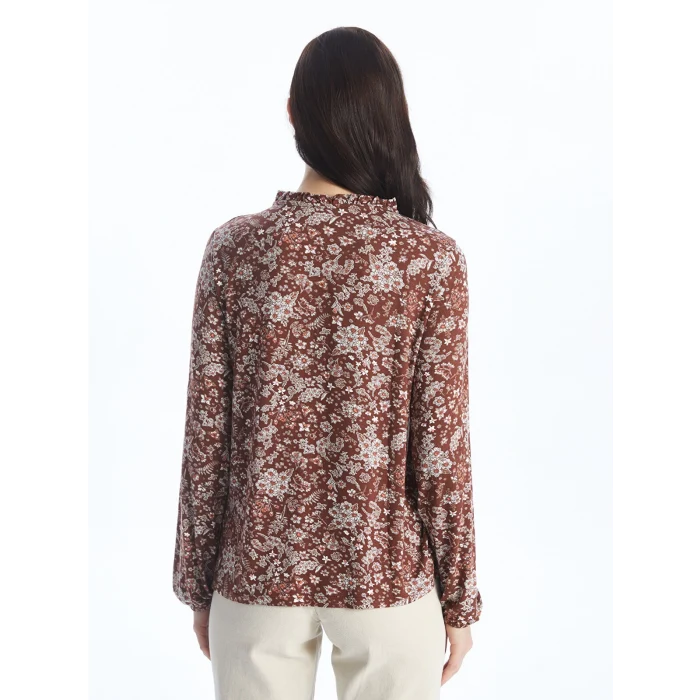 LCW Grace Kahverengi Bağlamalı Yaka Desenli Uzun Kollu Kadın Bluz