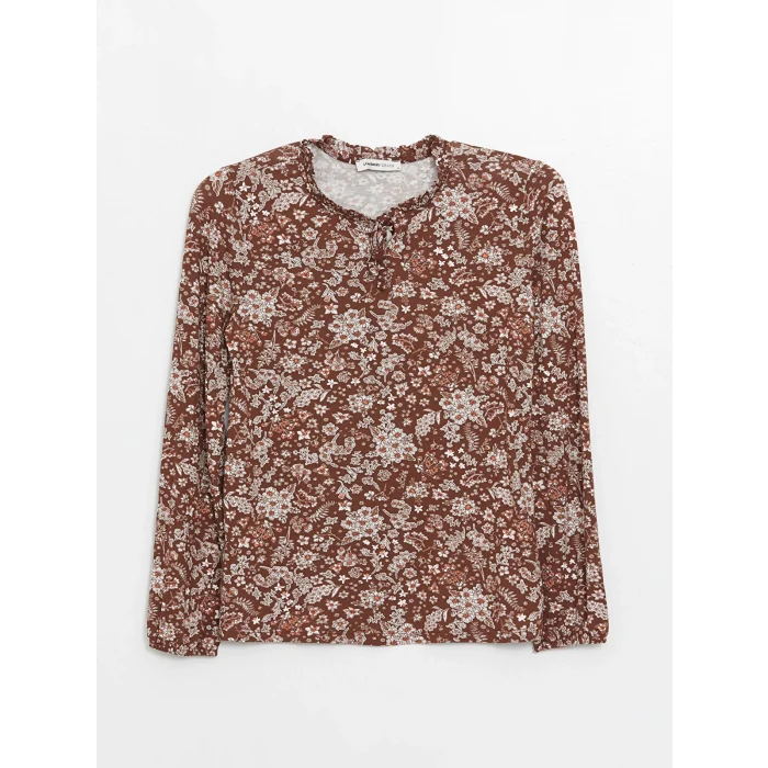 LCW Grace Kahverengi Bağlamalı Yaka Desenli Uzun Kollu Kadın Bluz