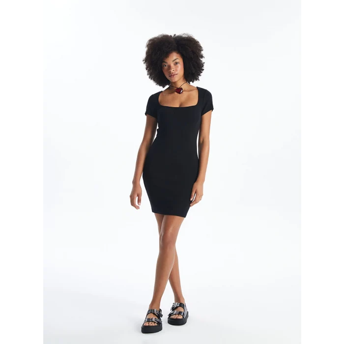 XSIDE Siyah U Yaka Düz Kısa Kollu Kadın Bodycon Elbise