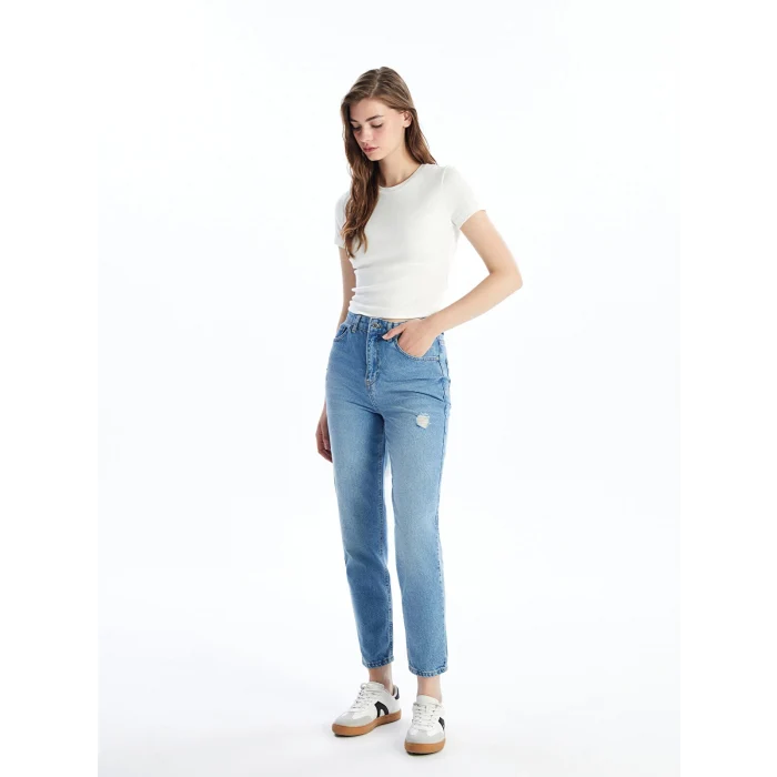 LCW Jeans Indigo Mom Fit Yırtık Detaylı Kadın Jean Pantolon