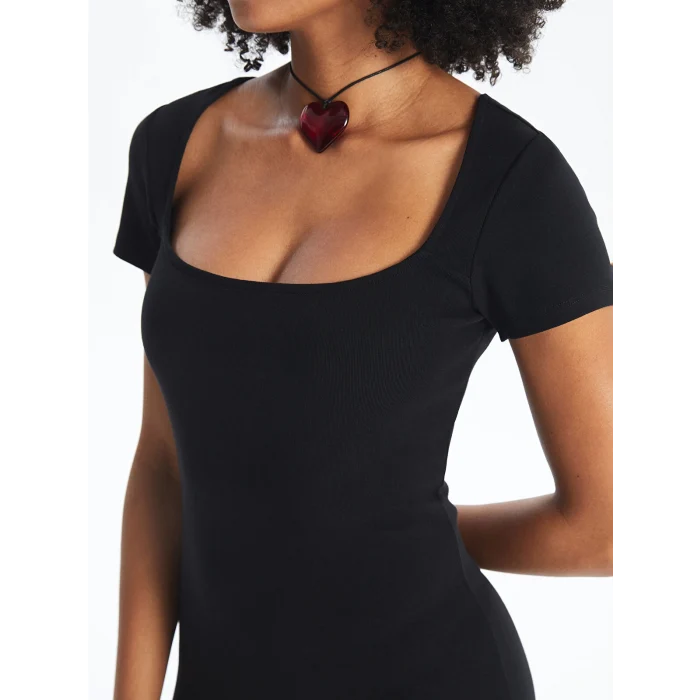 XSIDE Siyah U Yaka Düz Kısa Kollu Kadın Bodycon Elbise