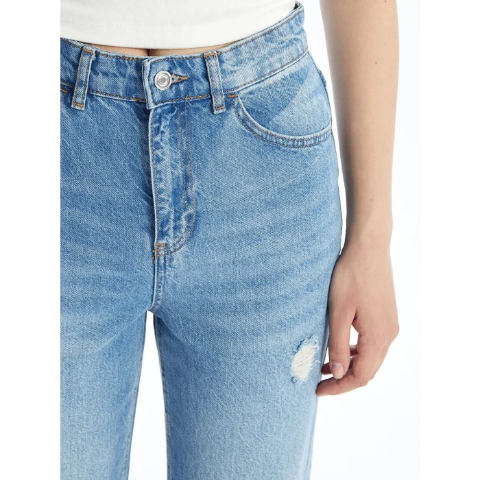 LCW Jeans Indigo Mom Fit Yırtık Detaylı Kadın Jean Pantolon