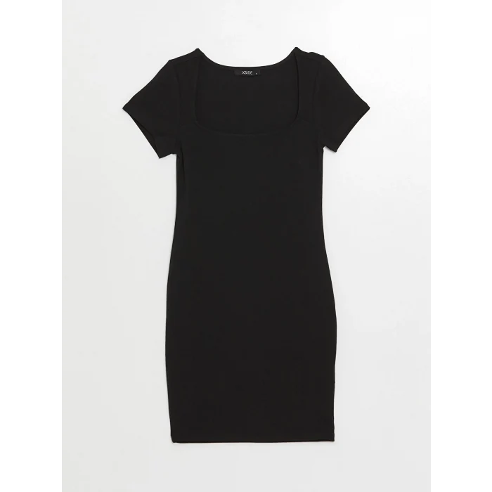 XSIDE Siyah U Yaka Düz Kısa Kollu Kadın Bodycon Elbise