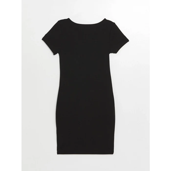 XSIDE Siyah U Yaka Düz Kısa Kollu Kadın Bodycon Elbise
