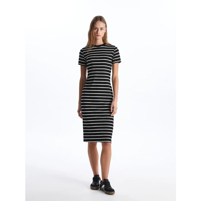 LCW Vision Siyah Bisiklet Yaka Çizgili Kısa Kollu Kadın Elbise