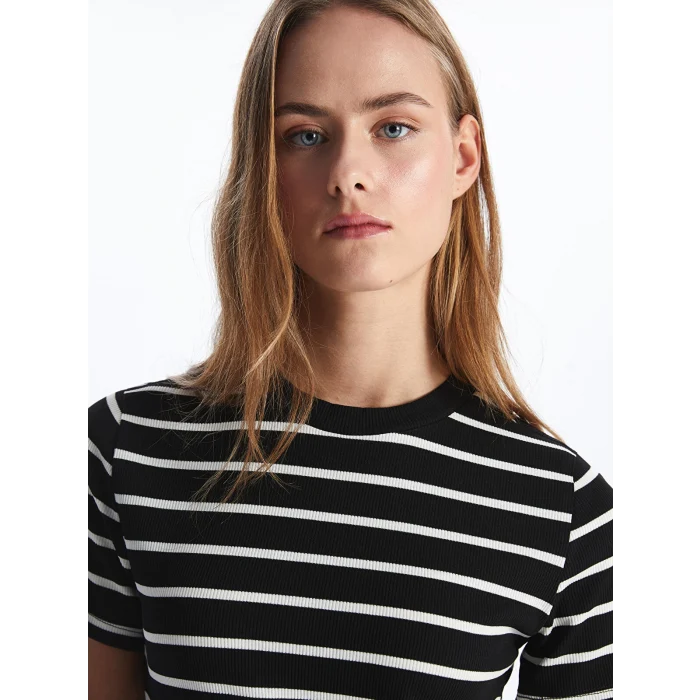 LCW Vision Siyah Bisiklet Yaka Çizgili Kısa Kollu Kadın Elbise