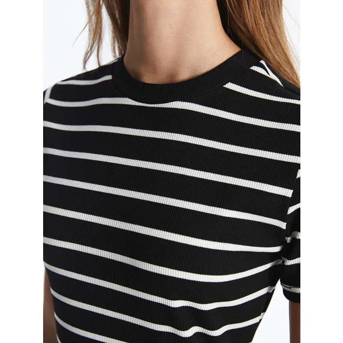 LCW Vision Siyah Bisiklet Yaka Çizgili Kısa Kollu Kadın Elbise