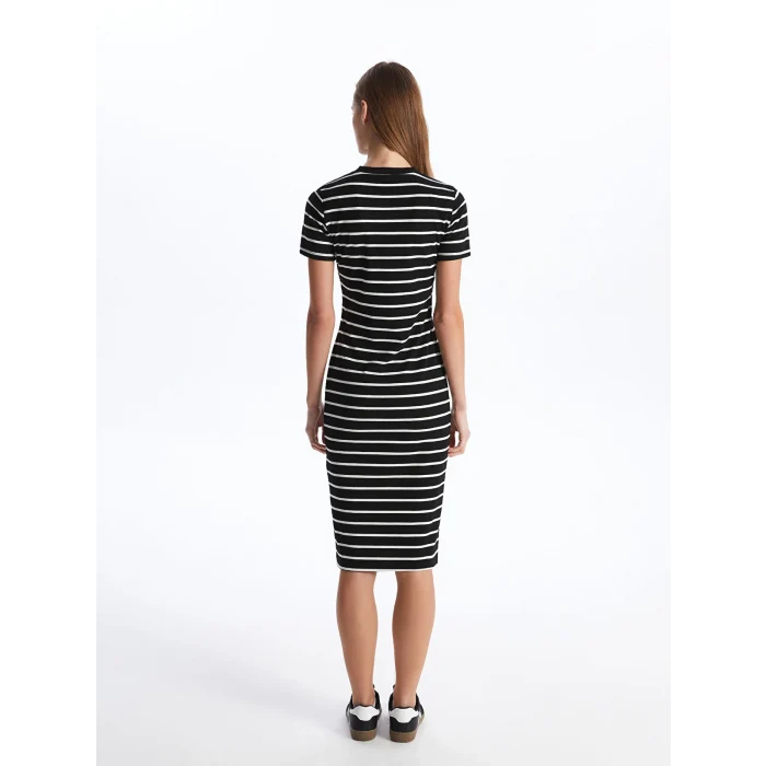 LCW Vision Siyah Bisiklet Yaka Çizgili Kısa Kollu Kadın Elbise