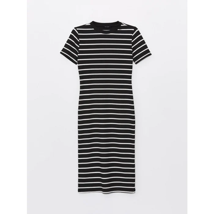 LCW Vision Siyah Bisiklet Yaka Çizgili Kısa Kollu Kadın Elbise