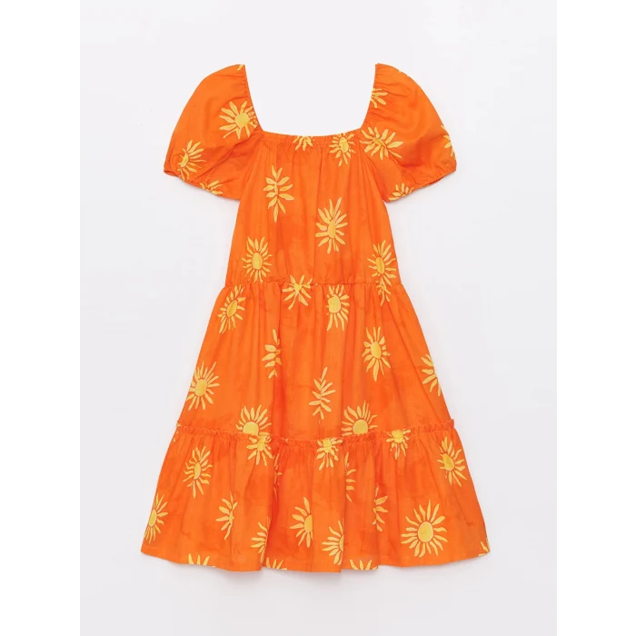 LCW Kids Turuncu Kare Yaka Kısa Kollu Kız Çocuk Elbise