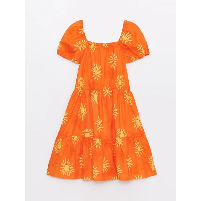 LCW Kids Turuncu Kare Yaka Kısa Kollu Kız Çocuk Elbise