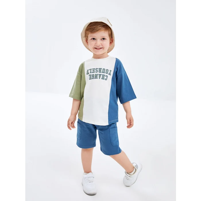 LCW Kids Mavi Bisiklet Yaka Kısa Kollu Baskılı Erkek Bebek Tişört ve Şort 2li Takım