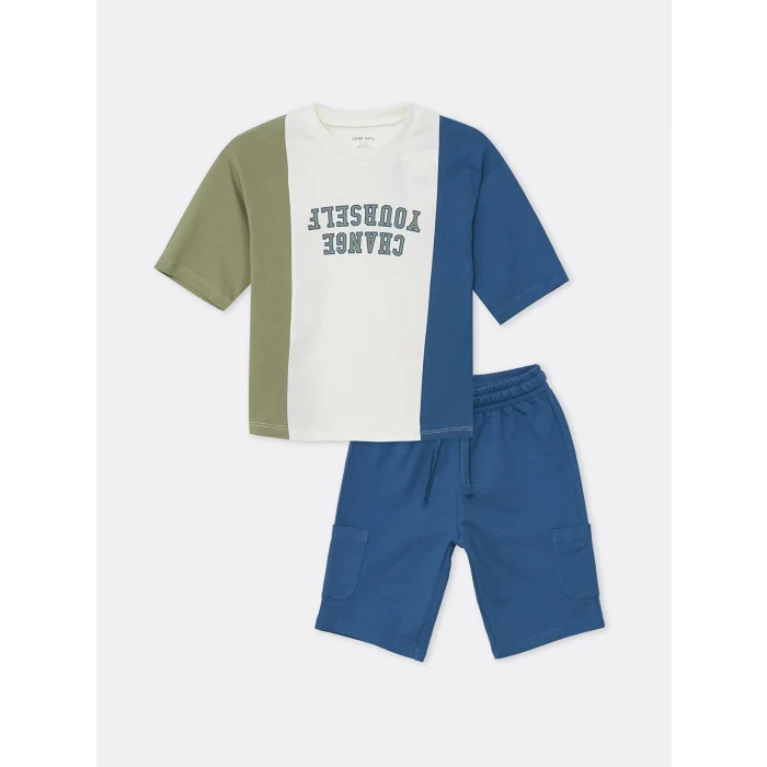 LCW Kids Mavi Bisiklet Yaka Kısa Kollu Baskılı Erkek Bebek Tişört ve Şort 2li Takım