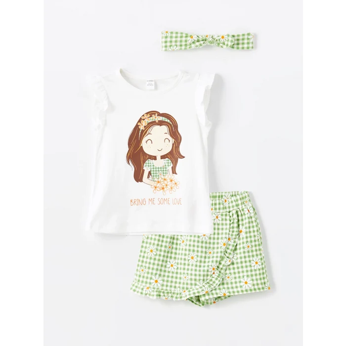 LCW Kids Beyaz Bisiklet Yaka Kısa Kollu Baskılı Kız Bebek Tişört ve Şort Etek 2li Takım