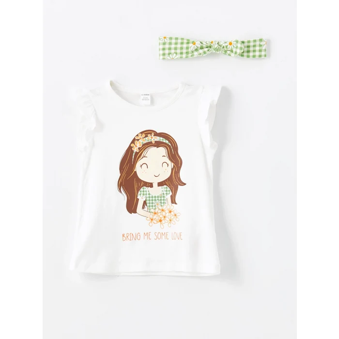 LCW Kids Beyaz Bisiklet Yaka Kısa Kollu Baskılı Kız Bebek Tişört ve Şort Etek 2li Takım