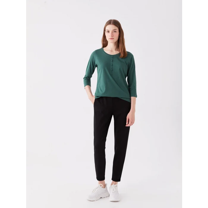 LCWAIKIKI Basic Yeşil Kadın Bisiklet Yaka Düz Bluz