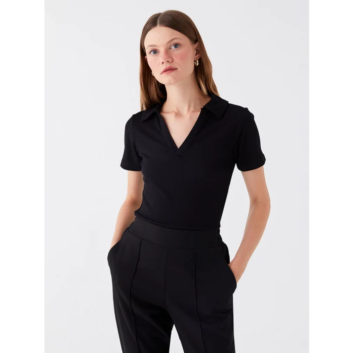 LCWAIKIKI Basic Siyah Polo Yaka Düz Kısa Kollu Kadın Tişört