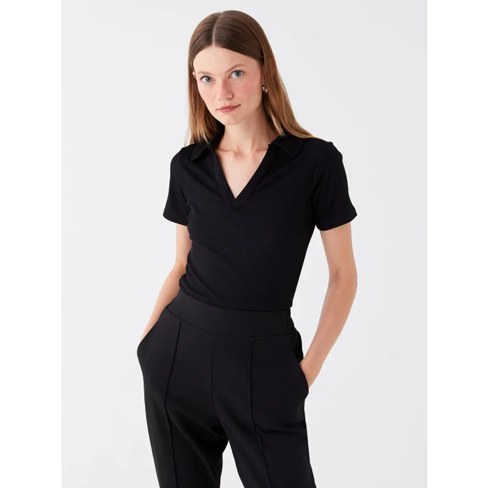 LCWAIKIKI Basic Siyah Polo Yaka Düz Kısa Kollu Kadın Tişört