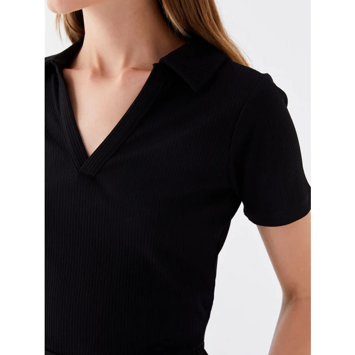 LCWAIKIKI Basic Siyah Polo Yaka Düz Kısa Kollu Kadın Tişört