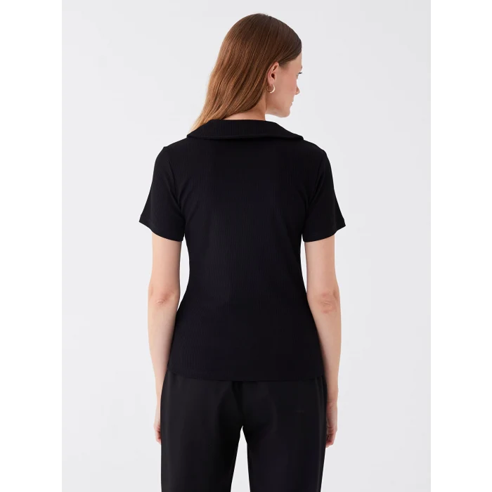 LCWAIKIKI Basic Siyah Polo Yaka Düz Kısa Kollu Kadın Tişört