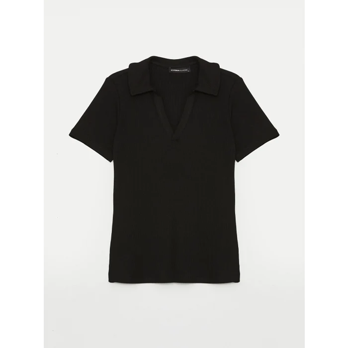 LCWAIKIKI Basic Siyah Polo Yaka Düz Kısa Kollu Kadın Tişört