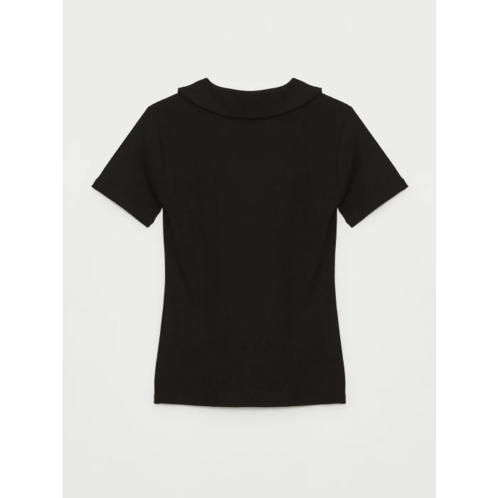 LCWAIKIKI Basic Siyah Polo Yaka Düz Kısa Kollu Kadın Tişört