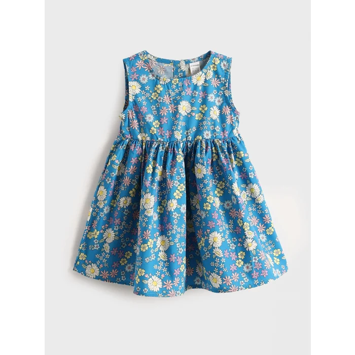 LCW Kids Mavi Bisiklet Yaka Çiçekli Poplin Kız Bebek Elbise