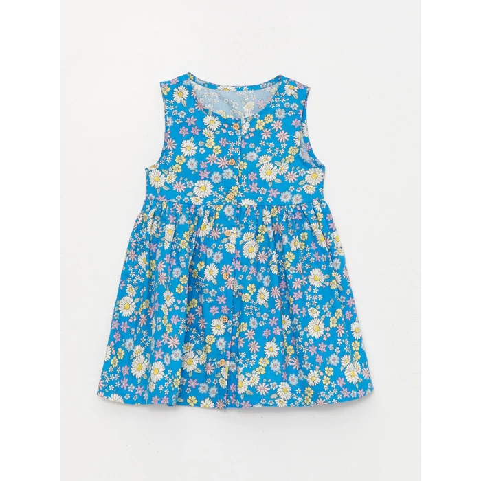 LCW Kids Mavi Bisiklet Yaka Çiçekli Poplin Kız Bebek Elbise