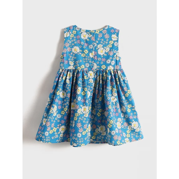LCW Kids Mavi Bisiklet Yaka Çiçekli Poplin Kız Bebek Elbise