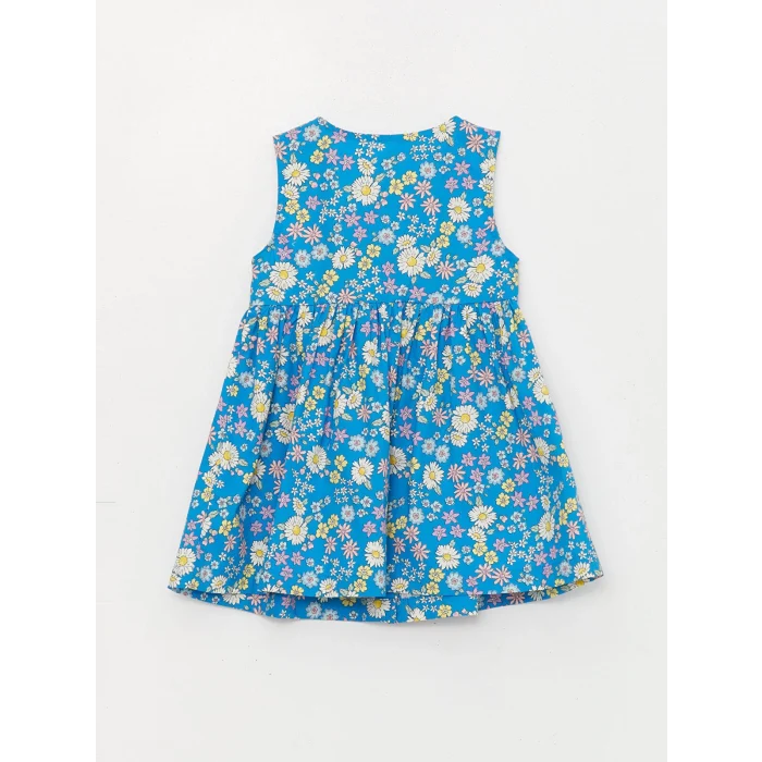 LCW Kids Mavi Bisiklet Yaka Çiçekli Poplin Kız Bebek Elbise